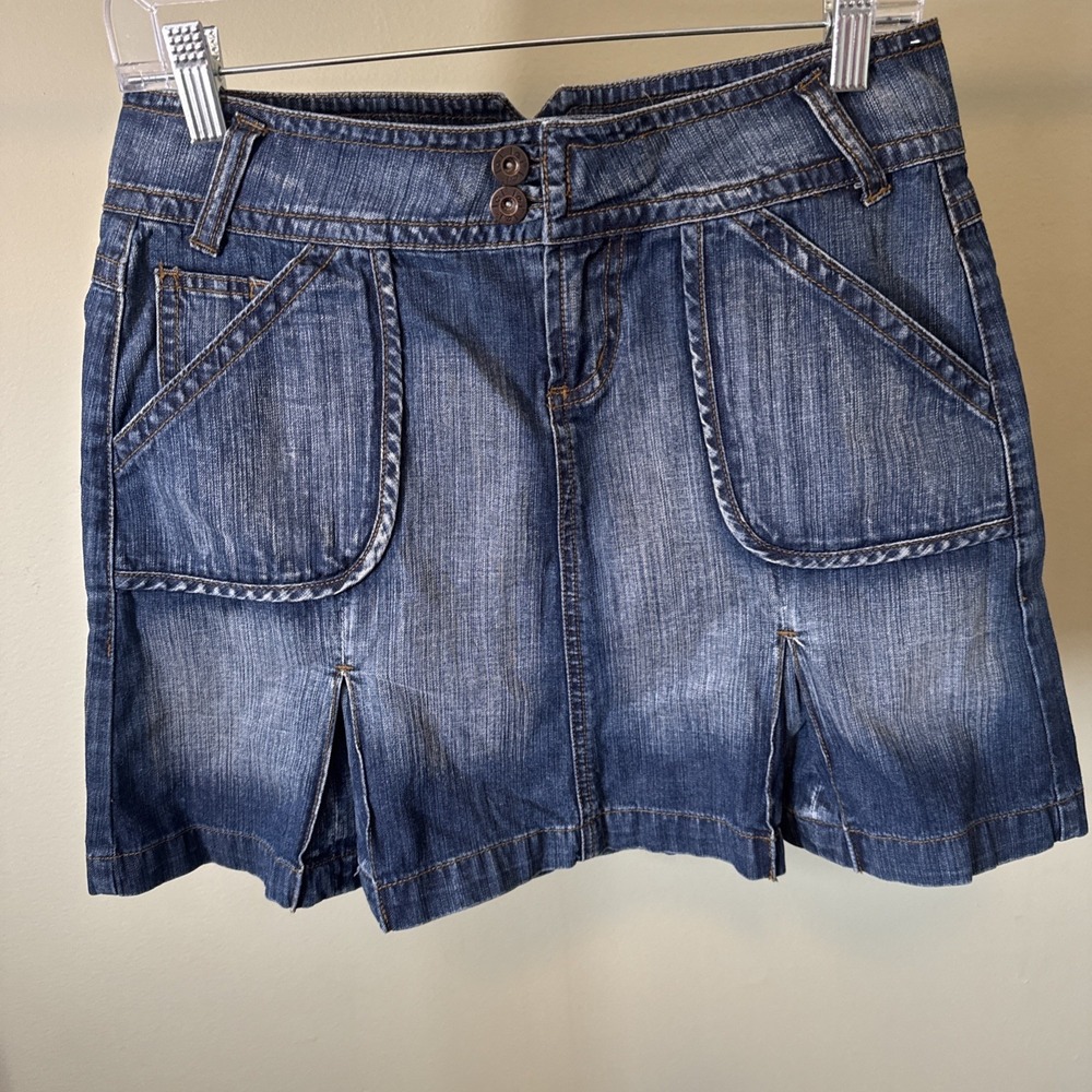 Vintage Y2K LEI Low Rise Denim Mini Skirt Double Button Patch Pocket Size 1